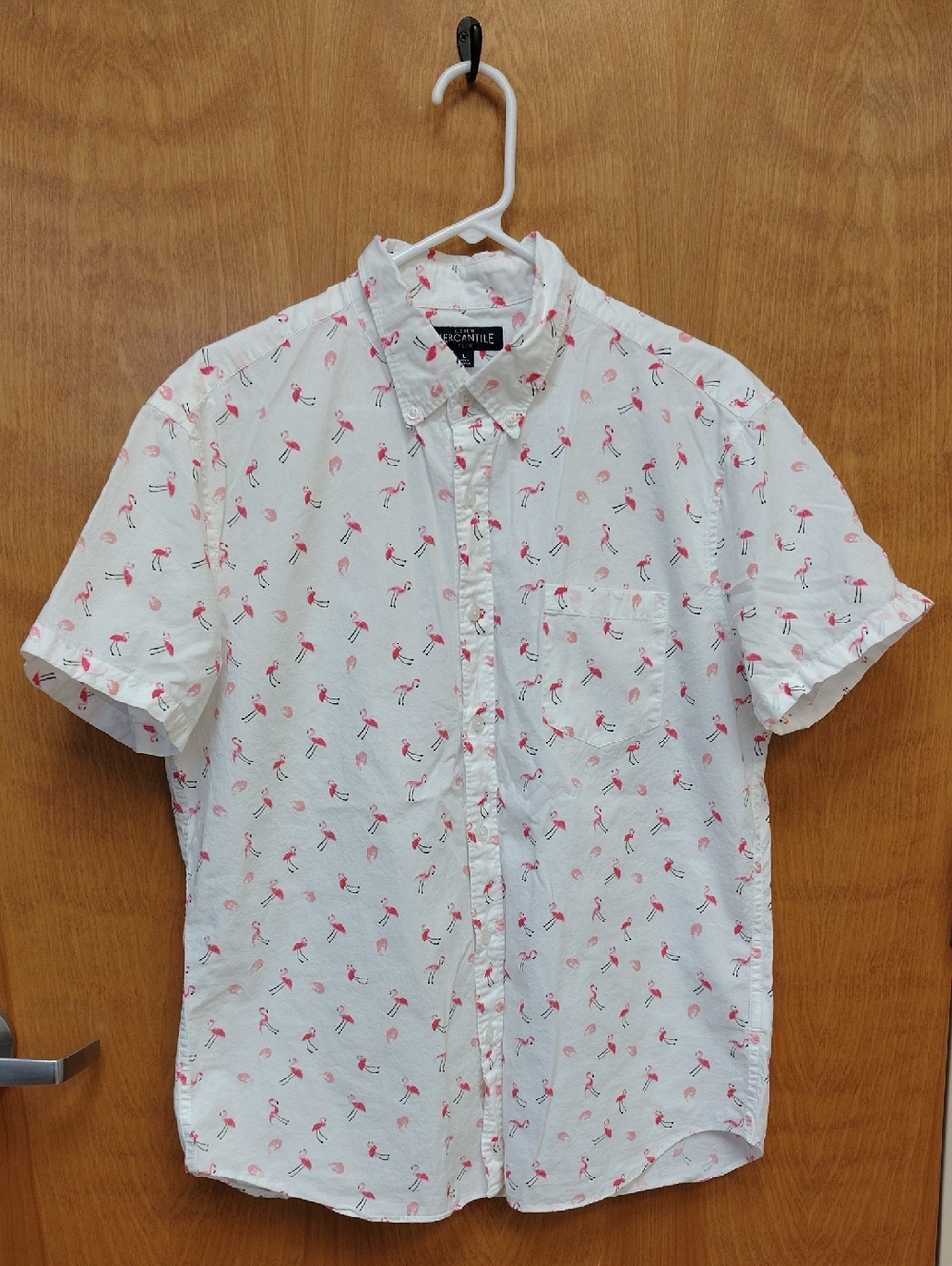 J. Crew Mercantile Flex White Short-Sleeve Button-Down with Pink Flamingo Print